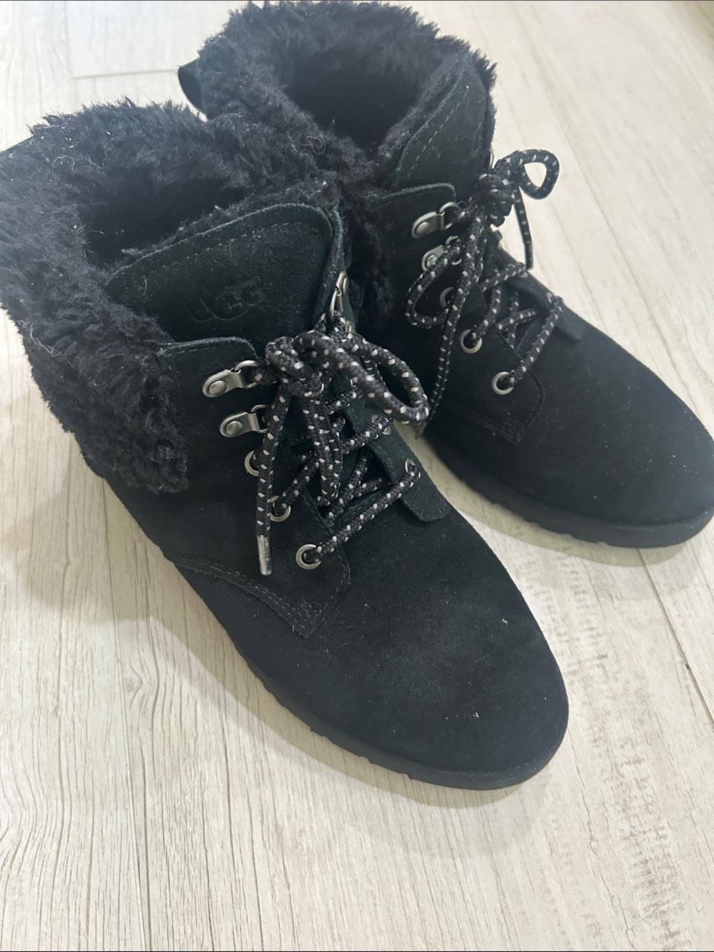 UGG Black Suede Lace-Up Shearling Ankle Boots